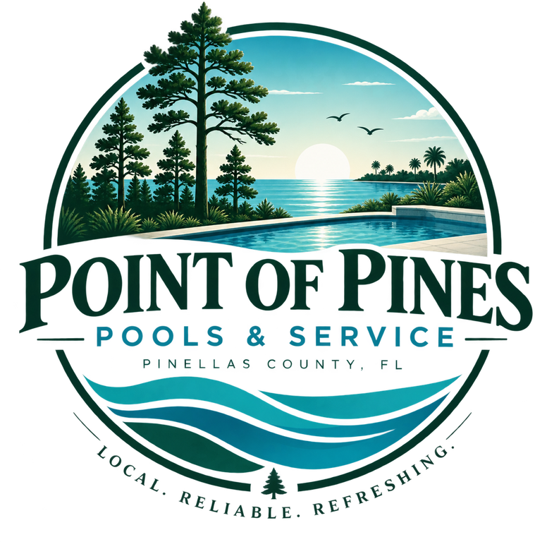 Point of Pines Pools & Service logo — pines, sunset, and a clear pool in Pinellas County FL